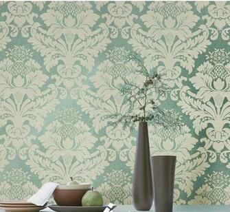 Non Woven Classic Metallic Flock Damask Wallpaper Glitter Green