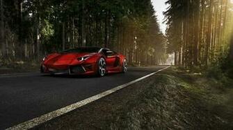 Red Lamborghini Aventador On A Forest Road Wallpaper Car