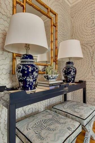 Schumacher Celerie Kemble Feather Bloom Wallpaper With Navy Blue