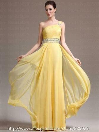 Long Yellow Prom Dresses With Crystal Embellished Belt Html