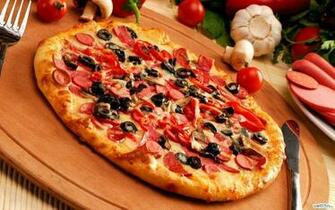 Pepperoni With Black Olive Pizza On Brown Wooden Tray Knife