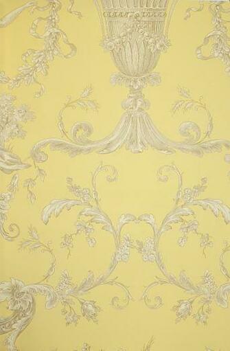 Toile Wallpaper With Urns And Cherubs In Beige On A Yellow Background