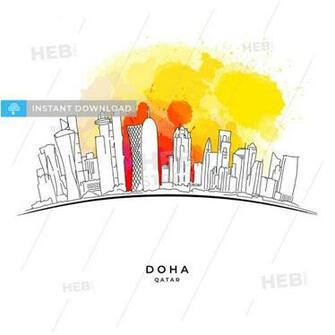 Doha Qatar Skyline On Colorful Background Hebstreits Sketches