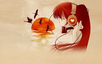 Anime Red Hair Girl With Headphones X Close