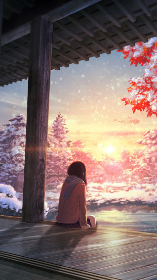 Winter Autumn Anime Girl Sunset Wallpaper iPhone Phone 4k 4090e