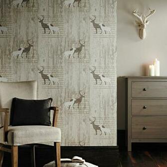 Vip Stag Deer Animal Print Wood Cabin Cream Vinyl Wallpaper