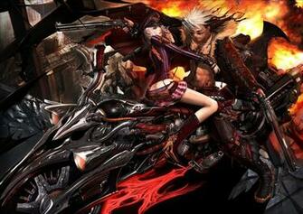 Art Wallpaper Girl Guy Motorcycle Guns City Night The Gun