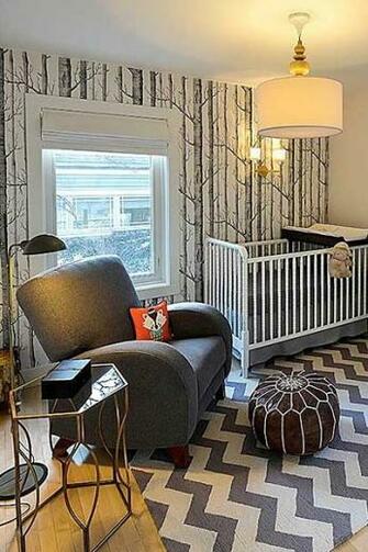 This Room Features An Accent Wall With A Wallpaper Mural Photo