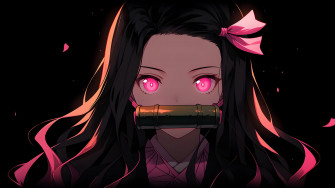 Nezuko Glowing Eyes Black Desktop Wallpaper