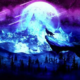 Wallpaper Wolf Moon Night Mountains Art