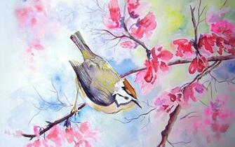 Bird Tree Watercolor Flowers Blossoms Wallpaper