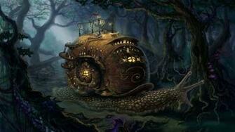 Fantasy Art Landscapes Snail Steampunk Cities Trees Forest Wallpaper