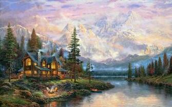 Cathedral Mountain Lodge Wallpaper Thomas Kinkade Painting