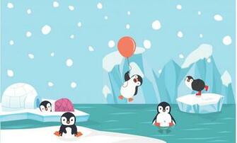 Cute Penguin Characters Set With North Pole Background