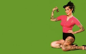 Tattoos Women Pinup Kat Von D Green Background Wallpaper Art