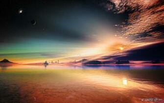 Art Alien Planet Rocks Sky Stars Lakeslandscape Reflection Sunset