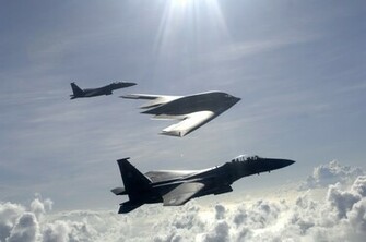 Force F 15e Strike Eagles And A B Spirit Bomber Fly In Formation