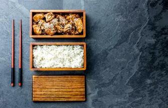 Japanese Food Chicken Teriyaki With Rice In Wooden Bento Lunch