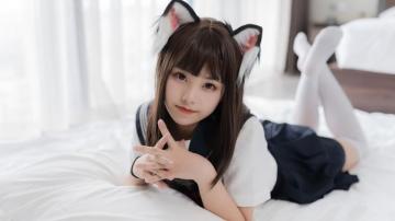 Cute School Girl Cat Ears Asian Cosplay HD 4k Wallpaper