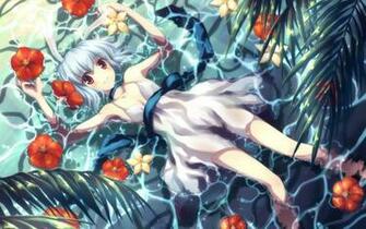 Anime Girl Water Flower Smile Belt Bush Stock Photos