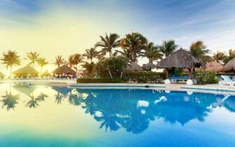 Tropical Swimming Pool At Sunrise HD Wallpaper