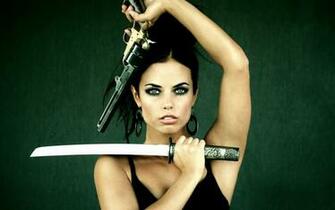 Wallpaper Girl Brunette Woman Gun Sword