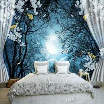 Custom Wall Mural Paper 3d Window Night Forest Moon Flower Bird