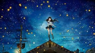 Night Power Lines Rooftops Stars Anime Girls Original