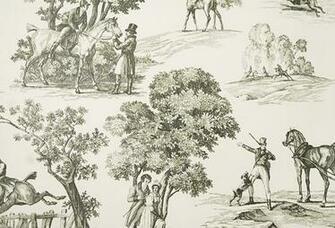 Fox Hunting Wallpaper Toile In Cream With Dark Green