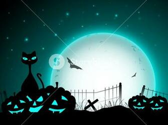 Halloween Night Background With Black Cat And Scary Pumpkins