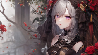 Ai Art Novel Anime Girls Closeup Silver Hair Petals Flowers