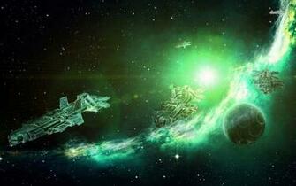 Spaceship In The Green Cosmos Wallpaper Fantasy
