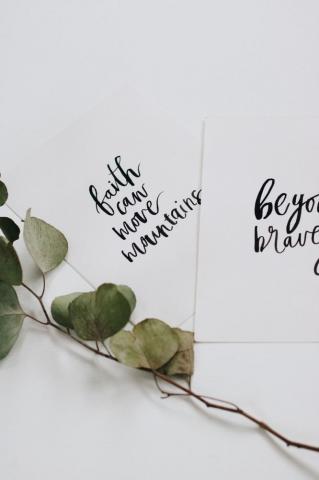 Green Rose Leaves And Two Cards Flat Lay Photography Photo