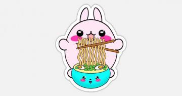 Cute Pink Funny Kawaii Bunny Eating Ramen Noodles Sticker
