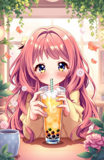 Cute Anime Girl Drinking Boba Wallpaper