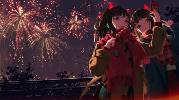 Wallpaper Friends Anime Girls Smiling Festival Having