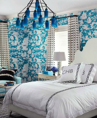 White Blue Toile Wallpaper Milk Glass Bottles Sara Chandelier
