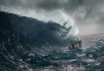 Wallpaper Tsunami Ocean Wave Apocalypse Oil Platform Rig