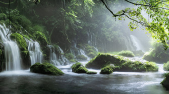 Spring Waterfall Stone Fog Mist Green Forest 8k Laptop HD 4k Wallpaper Image