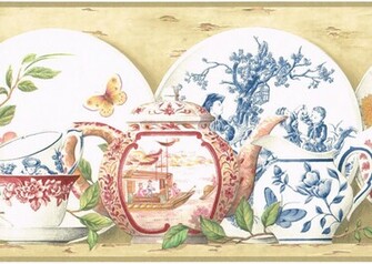 Victorian Teapot Tea Cup Plate China Vase Floral French Toile Wall