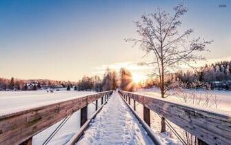 Snowy Bridge Fields Trees Sun Wallpaper