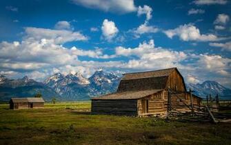 Barn Farm Mountains Clouds Landscape Wallpaper