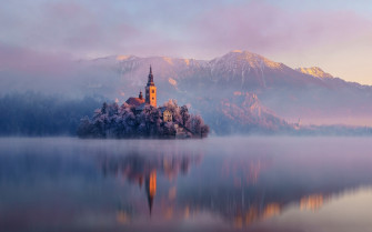 Lake Bled Island Church Mountains Mist Reflection Wallpaper HD
