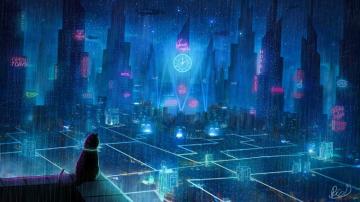 Wallpaper Cat Roof City Neon Lights