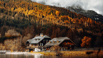 Wooden House Wallpaper 4k Lakeside Autumn Trees