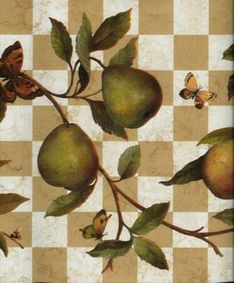 Country Folkart Pears Butterflies On Checks Wallpaper Border