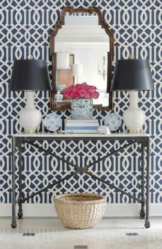 Navy Trellis Wallpaper Transitional Entrance Foyer Jessica
