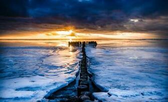 Sunrise Sunset Sea Ice Clouds Nature Ocean Winter Wallpaper Background