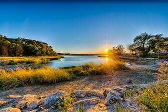 Long Island New York Usa Sky Sun Sunset River Beach Rocks