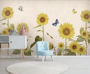 3d Wallpaper Wall Sticker Sunflower Plant Butterfly Modern